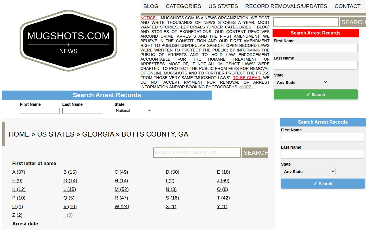 Unofficial Mugshots.com Butts County historical index