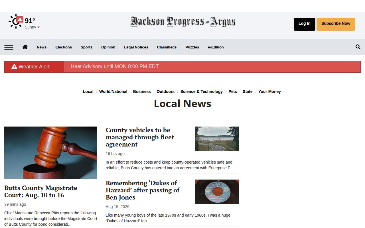 Jackson Progress-Argus local news section for Butts County crime coverage